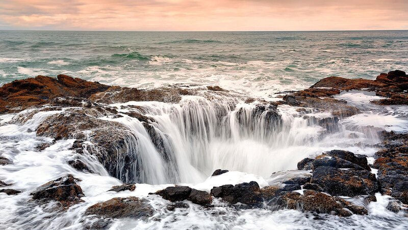 Ocean Waterfall on Rocks — White, Dramatic