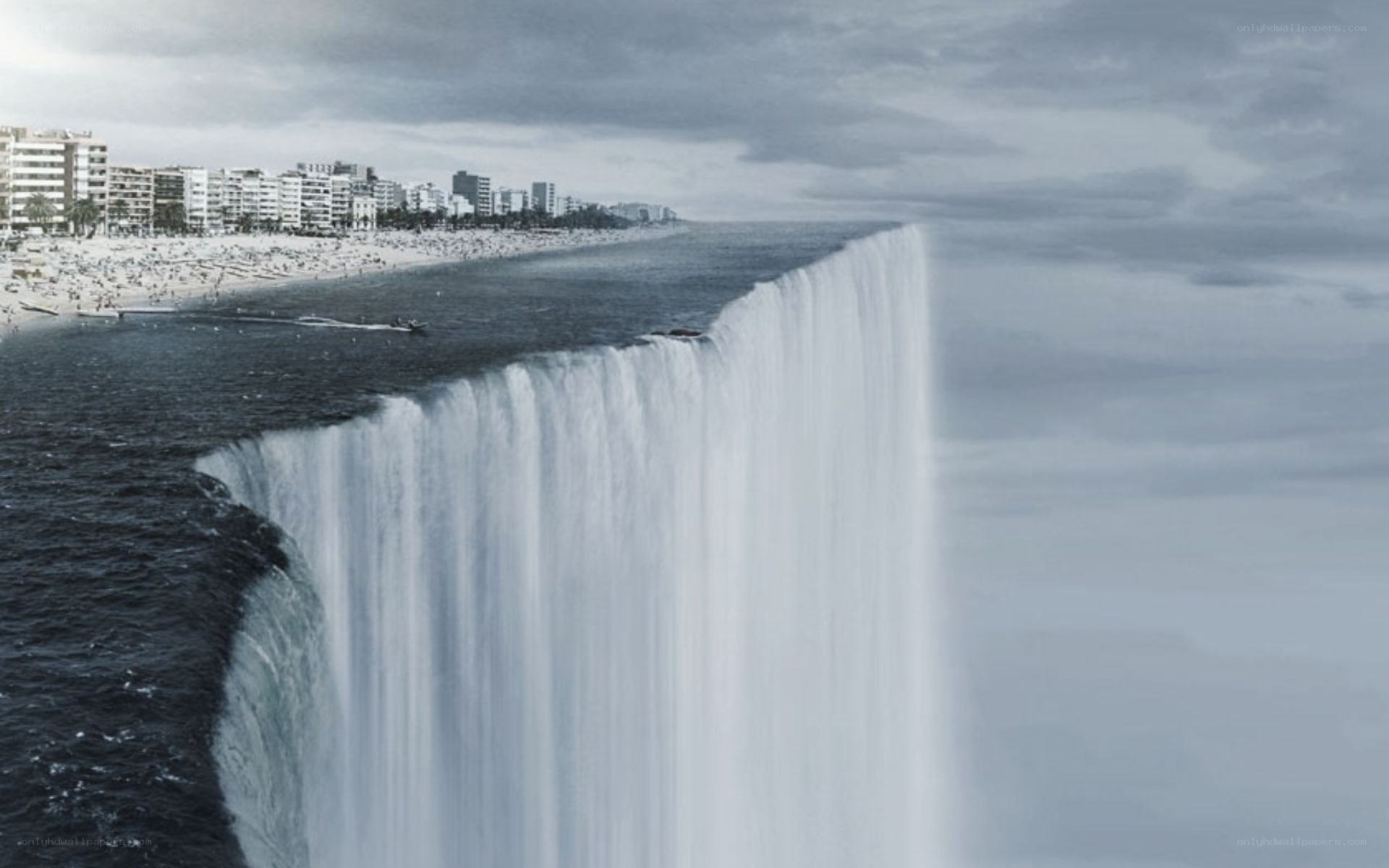 Ocean waterfall over city