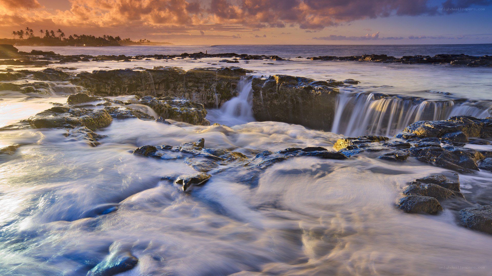 Ocean waterfalls at sunset