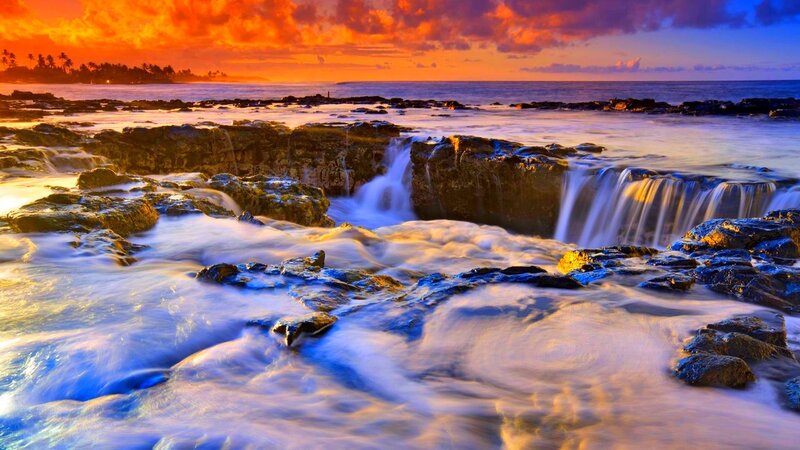 Ocean Waterfalls at Sunset — Orange, Dramatic, Photograph