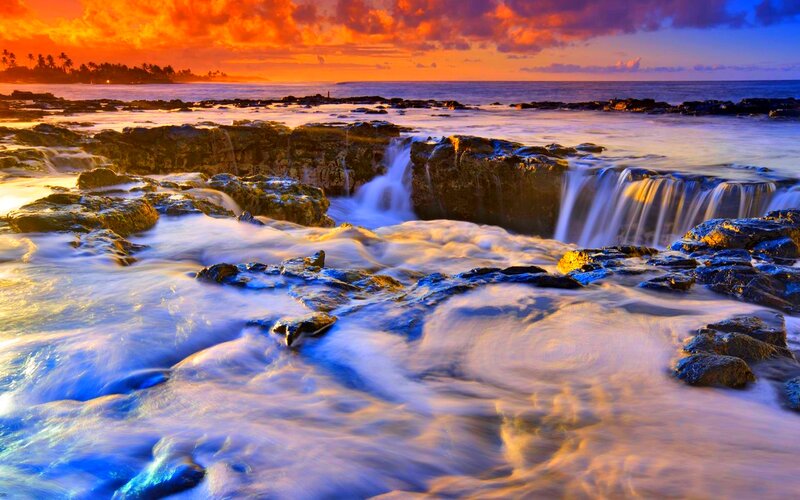 Ocean Waterfalls at Sunset — Orange