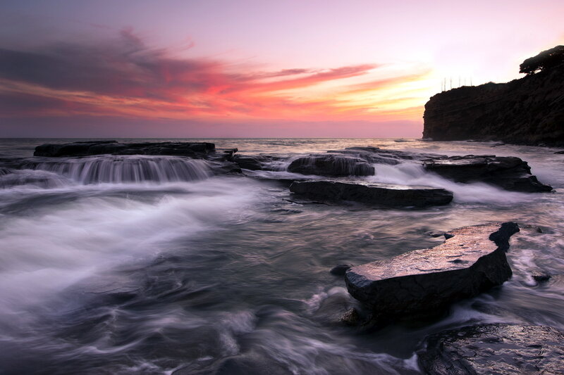 Ocean Waterfalls at Sunset — Purple