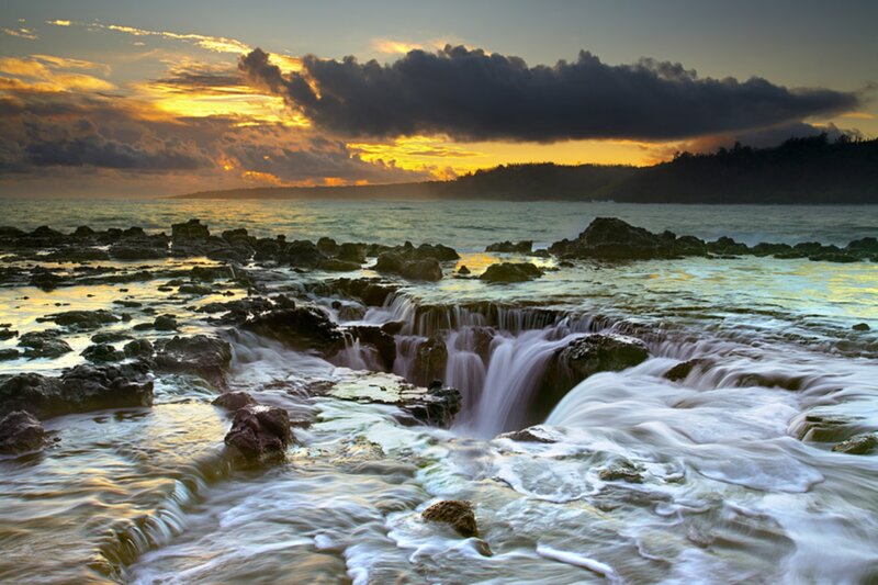 Ocean Waterfalls at Sunset — Yellow, Dramatic