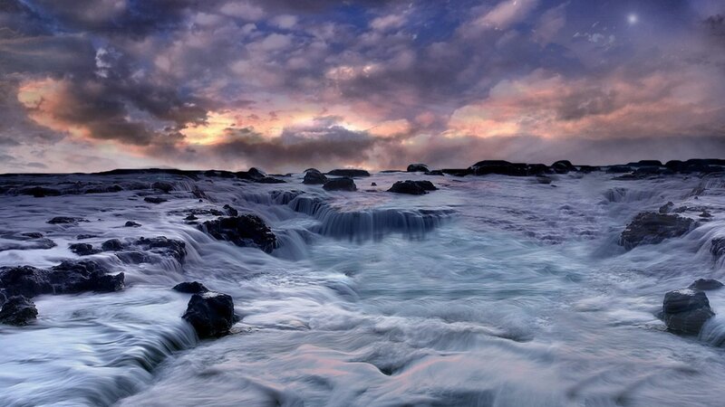 Ocean Waterfalls on Rocks — Blue