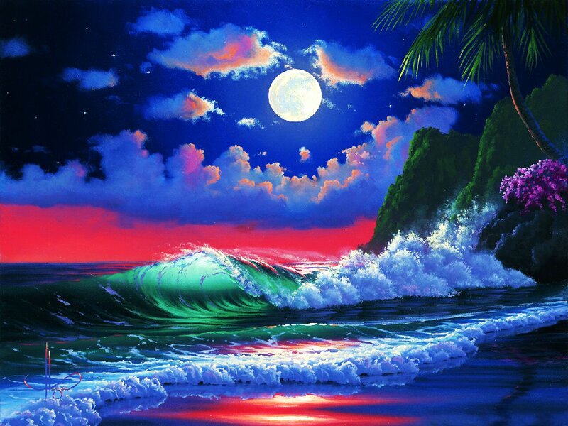 Ocean Wave at Night — Blue, Dramatic, Painting, Moon