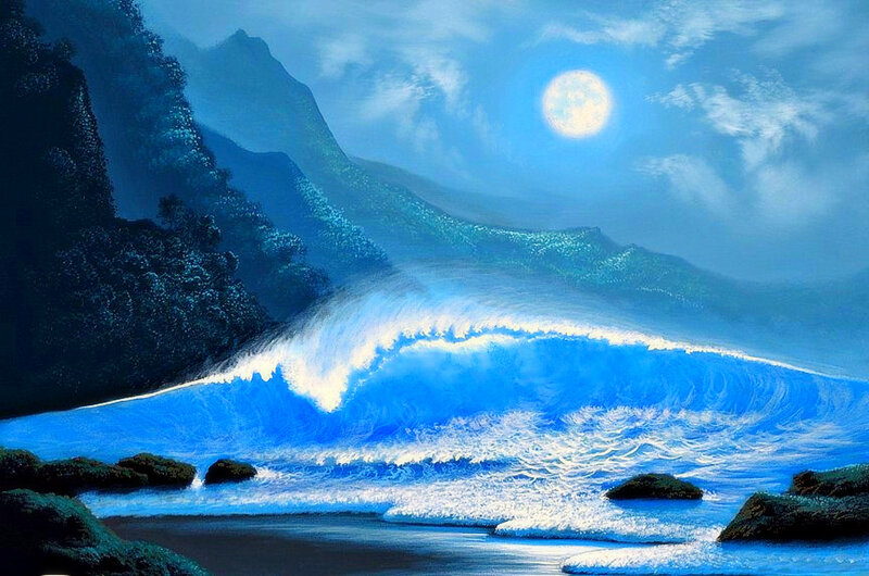 Ocean Wave at Night — Blue, Dramatic, Painting