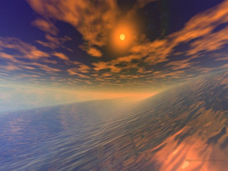 Ocean Wave at Sunset — Blue, Dramatic, Digital Art, Sun, Clouds