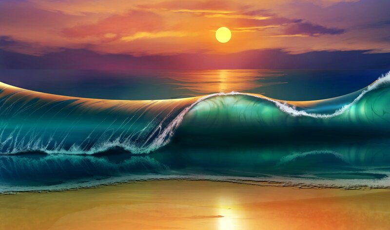 Ocean Wave at Sunset — Blue, Dramatic, Digital Art, Sun