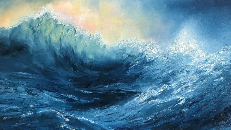 Ocean Wave at Sunset — Blue, Dramatic, Painting, Sky