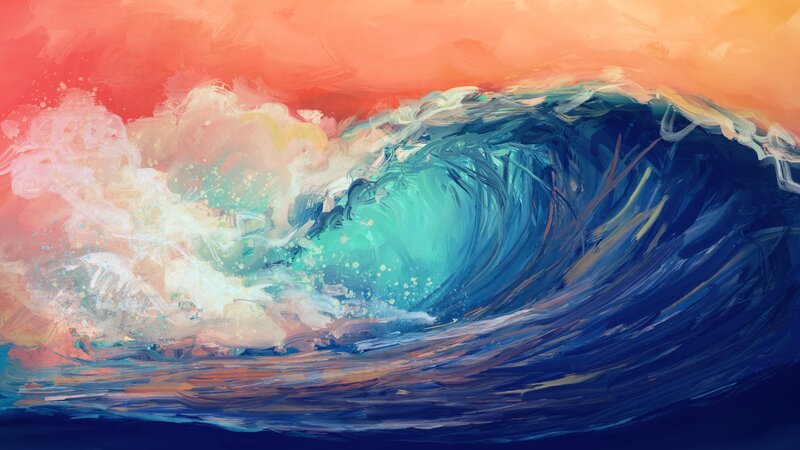 Ocean Wave at Sunset — Blue, Dramatic, Painting
