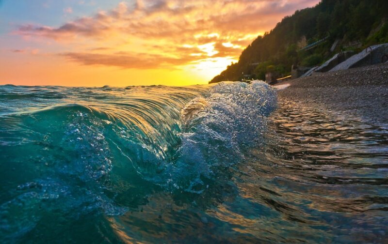 Ocean Wave at Sunset — Blue, Dramatic, Photograph, Beach
