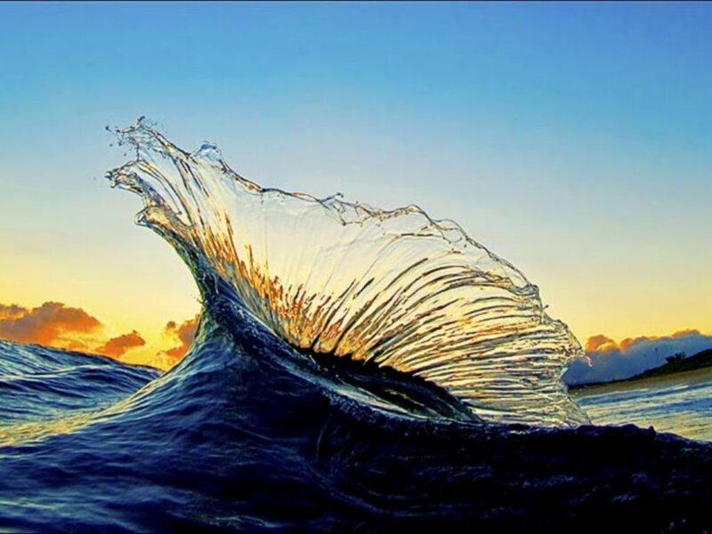 Ocean Wave at Sunset — Blue, Dramatic, Photograph, Sky, Clouds, Beach