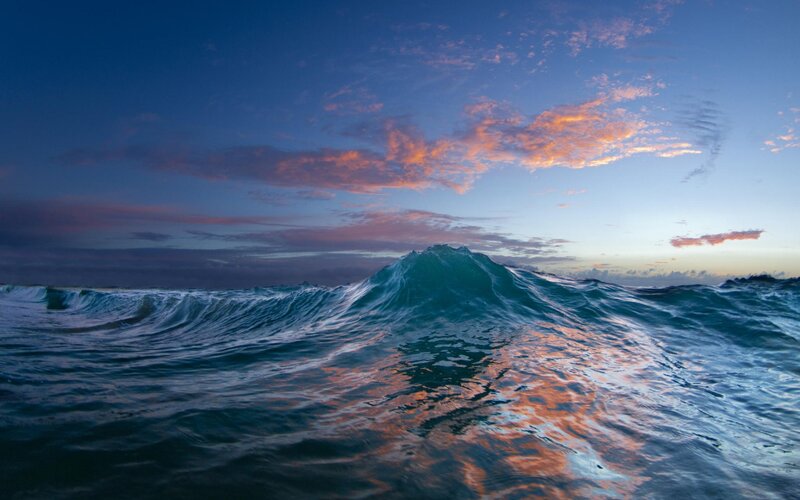 Ocean Wave at Sunset — Blue, Dramatic, Photograph, Sky, Clouds