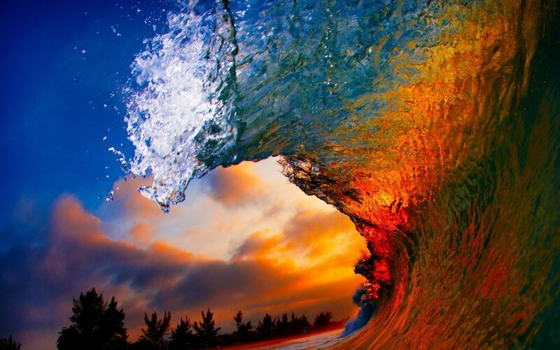 Ocean Wave at Sunset — Blue, Dramatic, Photograph, Sky, Trees