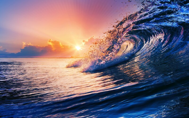 Ocean Wave at Sunset — Blue, Dramatic, Photograph, Sun, Clouds, Sea