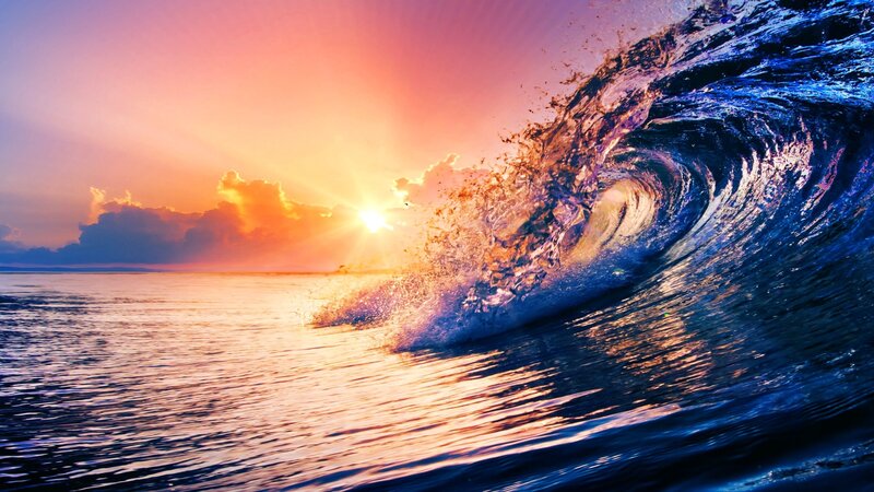 Ocean Wave at Sunset — Blue, Dramatic, Photograph, Sun, Clouds