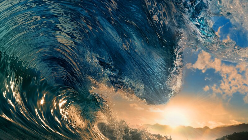 Ocean Wave at Sunset — Blue, Dramatic, Photograph, Sun, Sky, Mountains