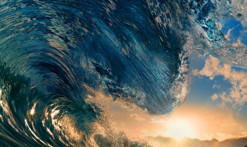 Ocean Wave at Sunset — Blue, Dramatic, Photograph, Sun, Sky