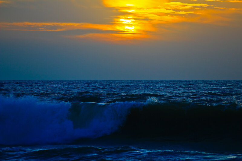 Ocean Wave at Sunset — Blue, Dramatic, Photograph, Sun, Sky, Waves