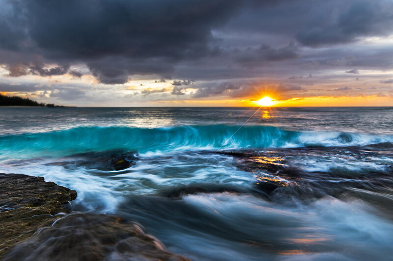 Ocean Wave at Sunset — Blue, Dramatic, Photograph, Sun