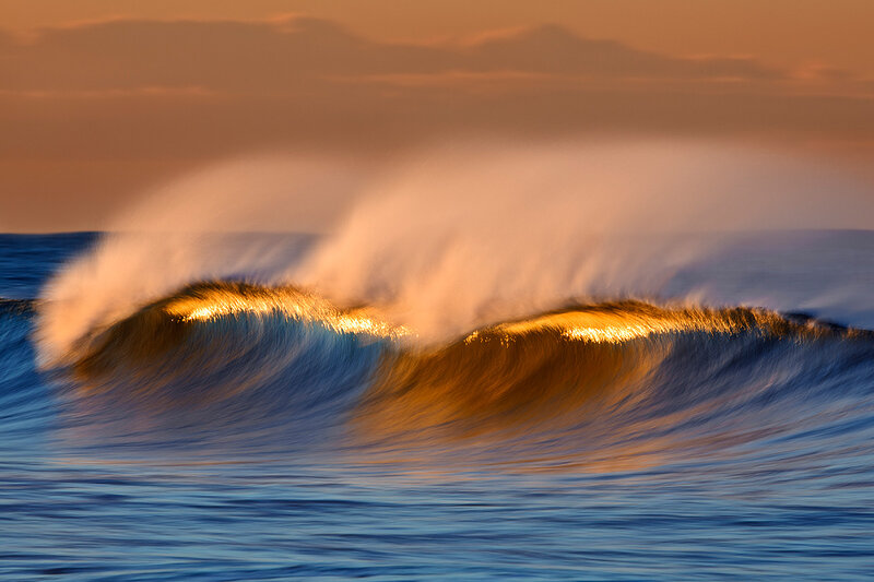 Ocean Wave at Sunset — Blue, Dramatic, Photograph, Sunlight, Sky