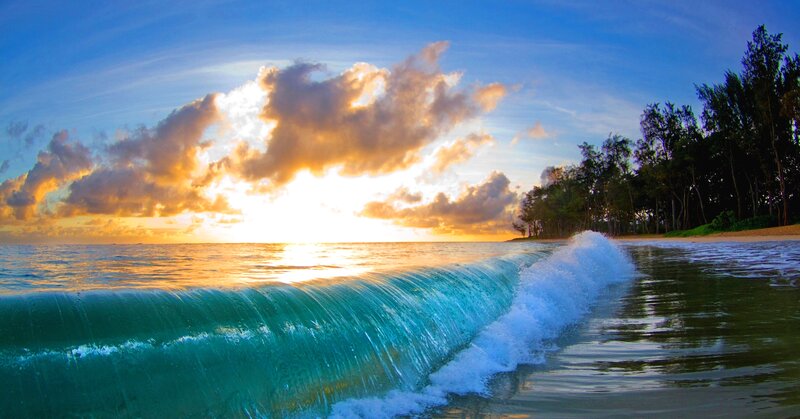 Ocean Wave at Sunset — Blue, Serene, Photograph, Clouds