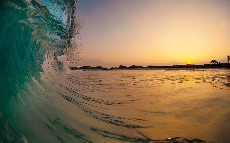 Ocean Wave at Sunset — Blue, Serene, Photograph, Sun
