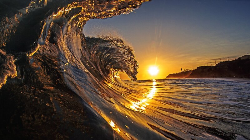 Ocean Wave at Sunset — Gold, Dramatic, Photograph, Sun