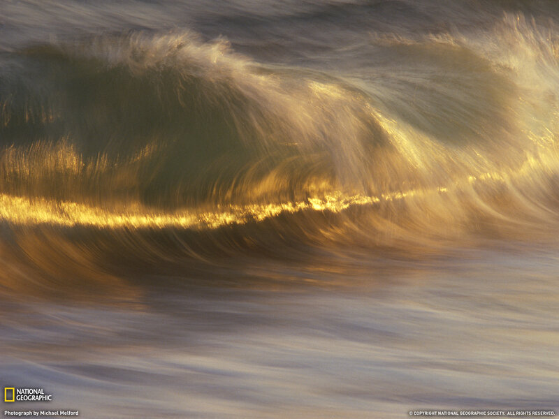Ocean Wave at Sunset — Gold, Dramatic, Photograph, Sunlight, Sea Foam