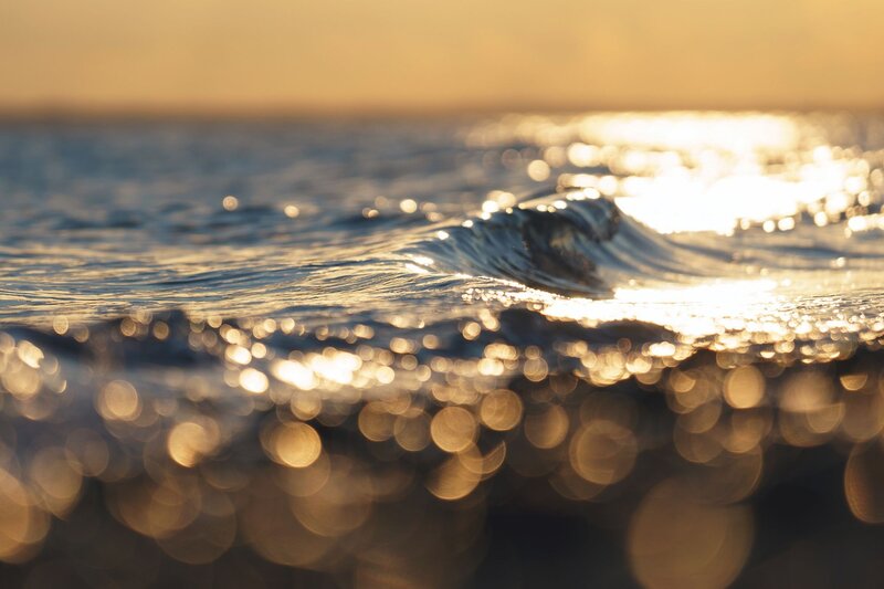 Ocean Wave at Sunset — Gold, Serene, Photograph