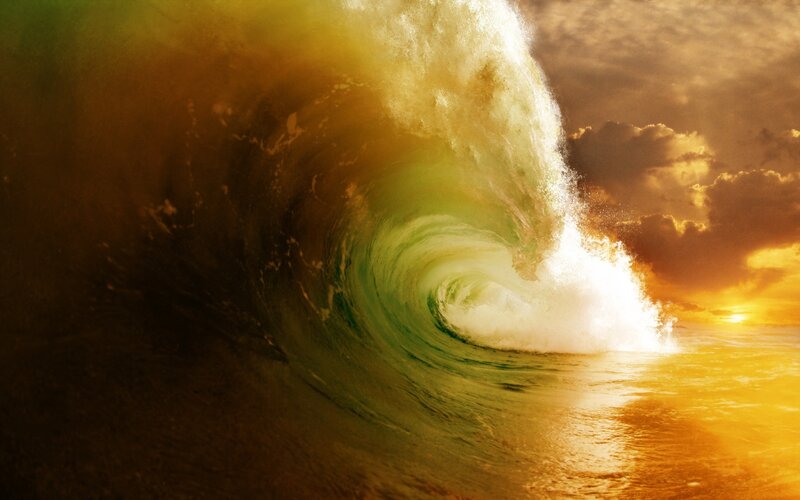 Ocean Wave at Sunset — Green, Dramatic, Photograph, Sun, Clouds
