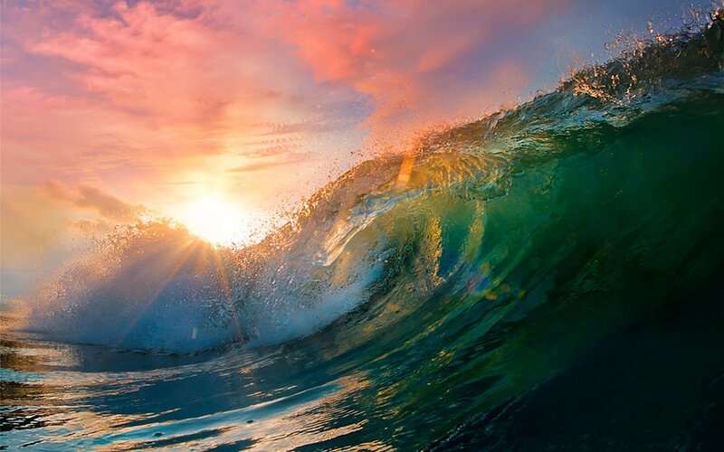 Ocean Wave at Sunset — Green, Dramatic, Photograph, Sun, Sky