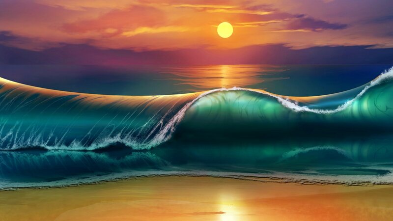 Ocean Wave at Sunset — Orange, Dramatic, Digital Art