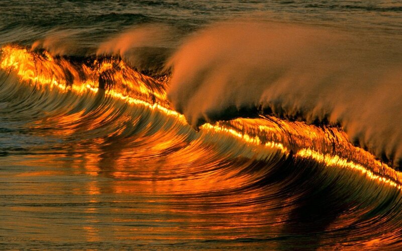 Ocean Wave at Sunset — Orange, Dramatic, Photograph, Foam, Sunlight