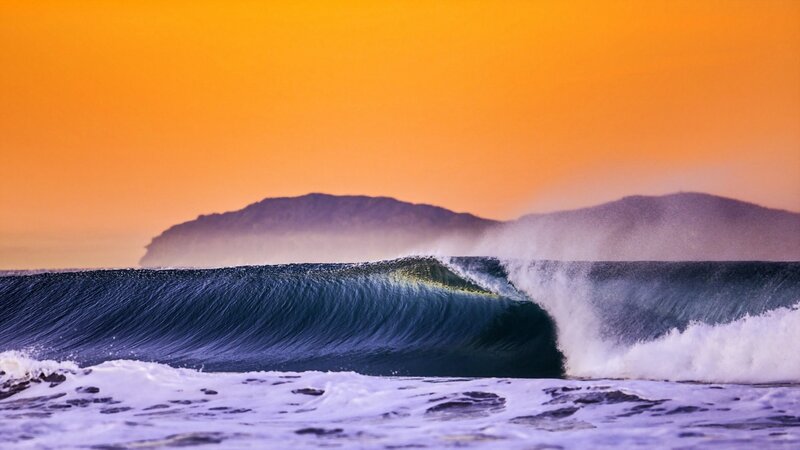 Ocean Wave at Sunset — Orange, Dramatic, Photograph, Mountain