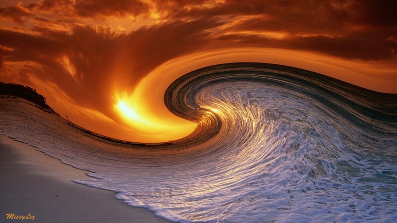 Ocean Wave at Sunset — Orange, Dramatic, Photograph, Sky