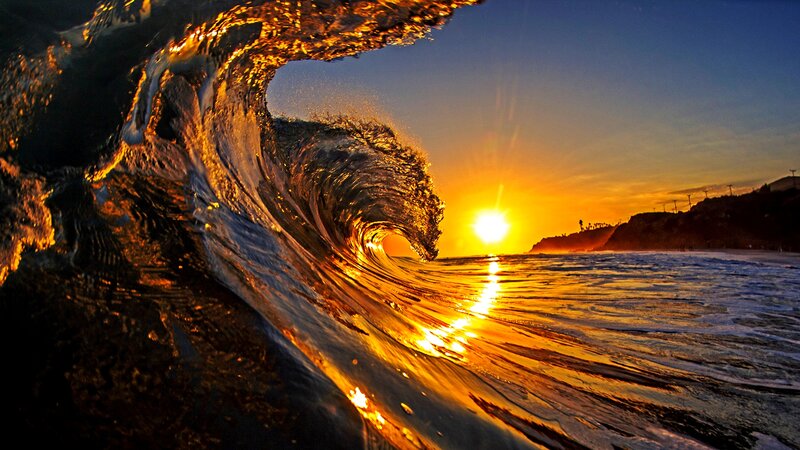 Ocean Wave at Sunset — Orange, Dramatic, Photograph, Sun, Cliff