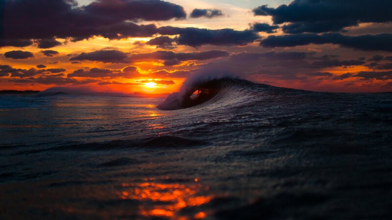Ocean Wave at Sunset — Orange, Dramatic, Photograph, Sun, Clouds, Sea