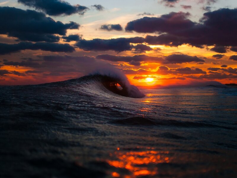Ocean Wave at Sunset — Orange, Dramatic, Photograph, Sun, Clouds