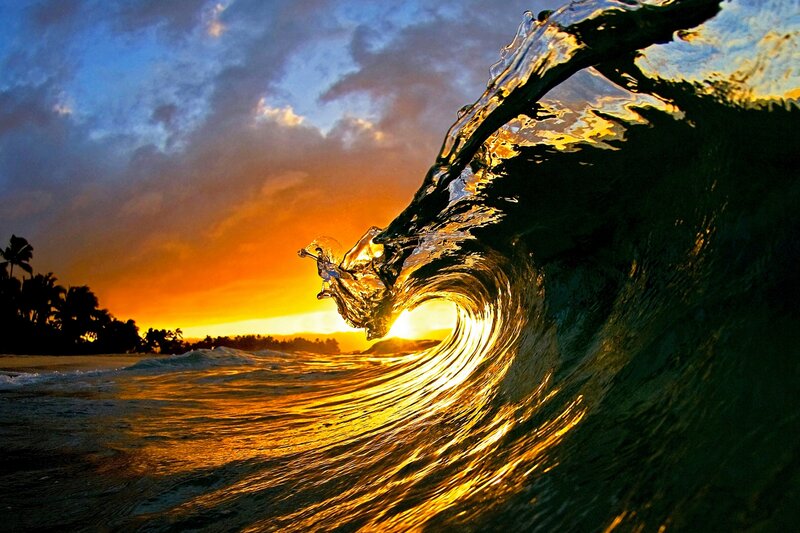 Ocean Wave at Sunset — Orange, Dramatic, Photograph, Sun, Sky