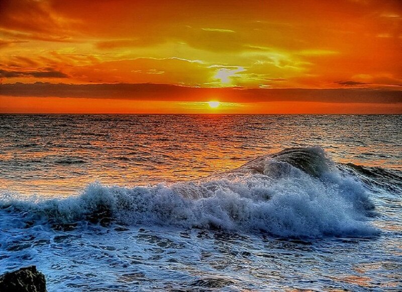 Ocean Wave at Sunset — Orange, Dramatic, Photograph, Sun