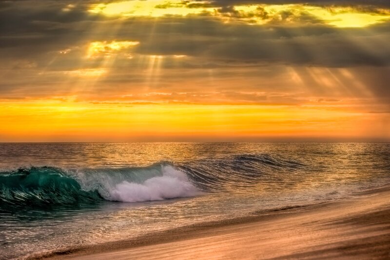 Ocean Wave at Sunset — Orange, Dramatic, Photograph, Sunlight, Clouds