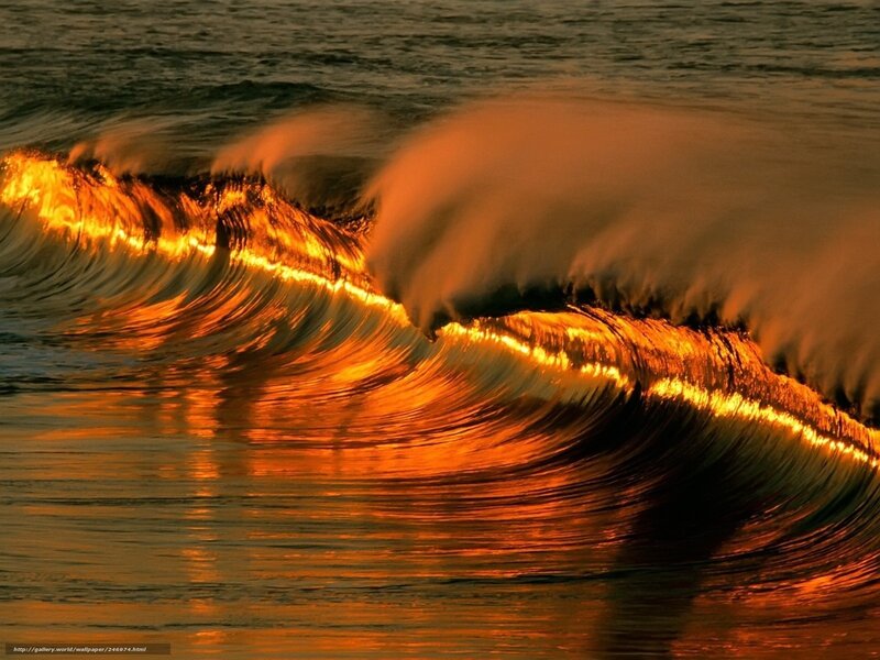 Ocean Wave at Sunset — Orange, Dramatic, Photograph, Sunlight, Foam