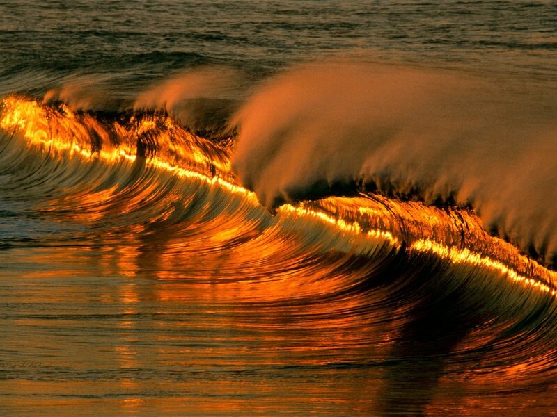 Ocean Wave at Sunset — Orange, Dramatic, Photograph, Sunlight, Sea