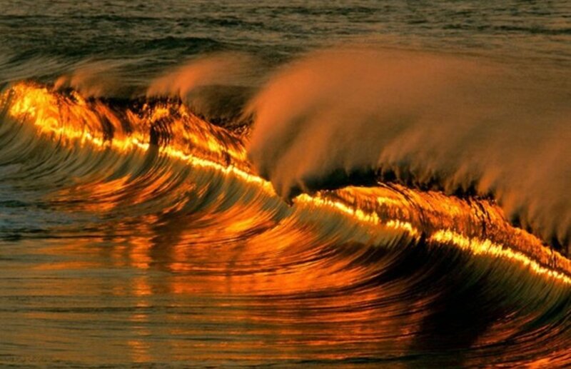 Ocean Wave at Sunset — Orange, Dramatic, Photograph, Sunlight