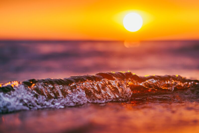 Ocean Wave at Sunset — Orange, Serene, Photograph, Sun