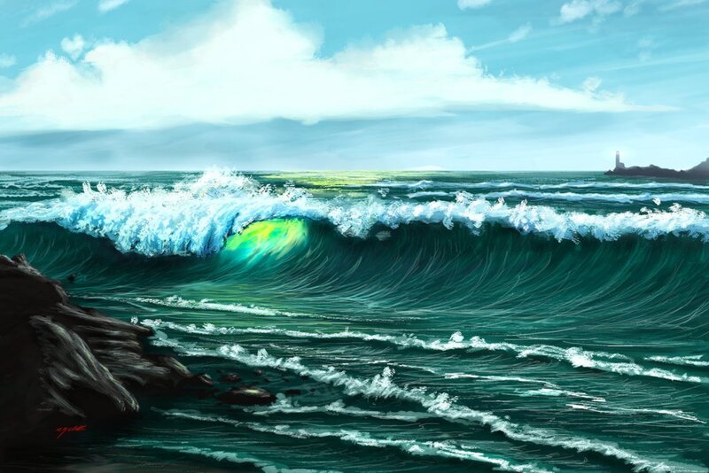 Ocean Wave Breaking — Blue, Dramatic, Afternoon, Digital Art
