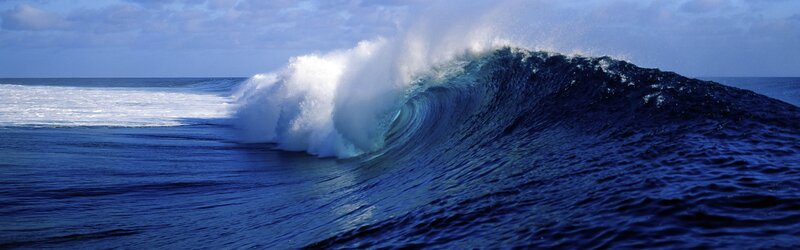 Ocean Wave Breaking — Blue, Dramatic, Afternoon, Photograph, Sea, Sky, Clouds