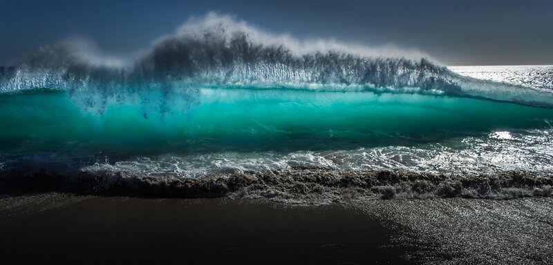 Ocean Wave Breaking — Blue, Dramatic, Afternoon, Photograph, Sea, Sky, Sand