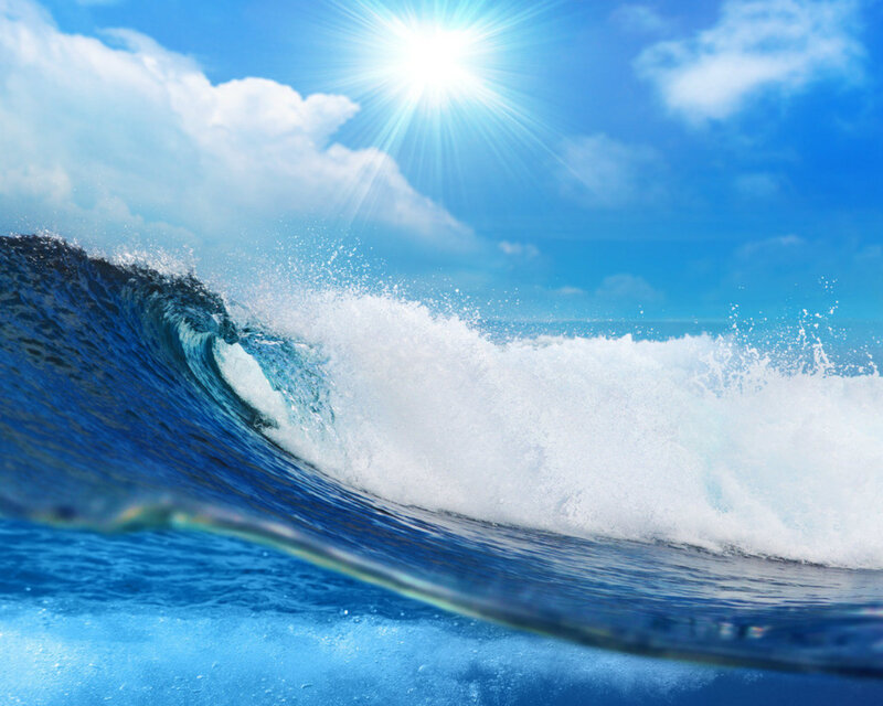 Ocean Wave Breaking — Blue, Dramatic, Afternoon, Photograph, Sun, Clouds